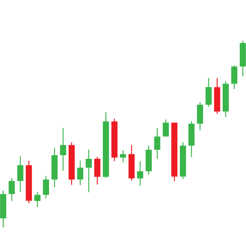 Live stock market candlestick chart showing real-time price movements with green bullish and red bearish candles displaying upward trending market data