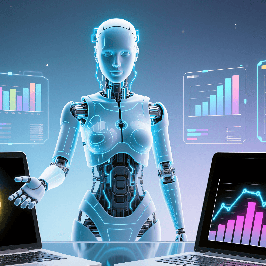 Advanced AI-powered stock screening technology with humanoid robot analyzing financial data visualizations and holographic charts for intelligent market analysis